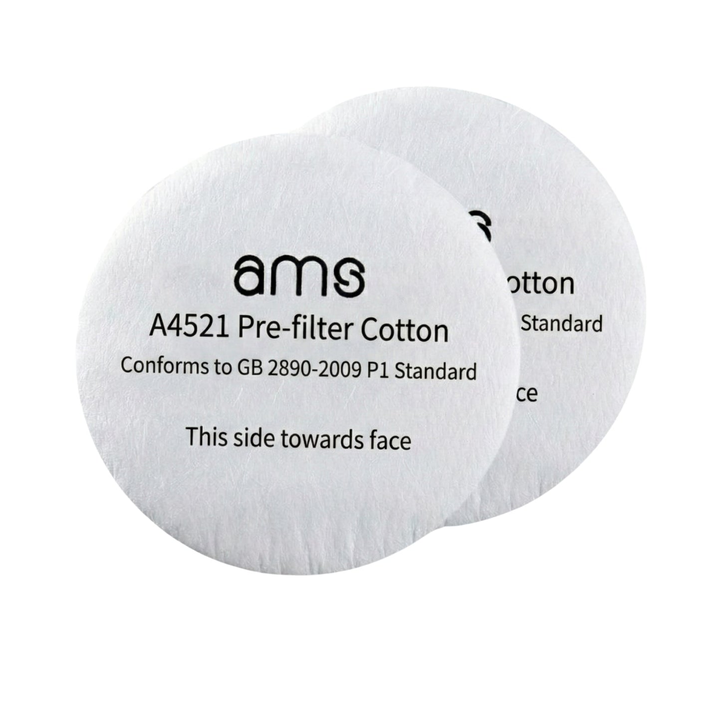 Pair of AMS A4521 KN95 pre-filter cotton pads with directional usage instructions for respirator cartridges