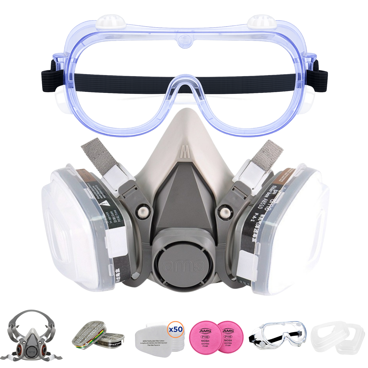 AMS A620 Half Face Respirator 18-Piece Set with Goggles & Ear Muffs for Paint Spraying, Sanding & Woodworking