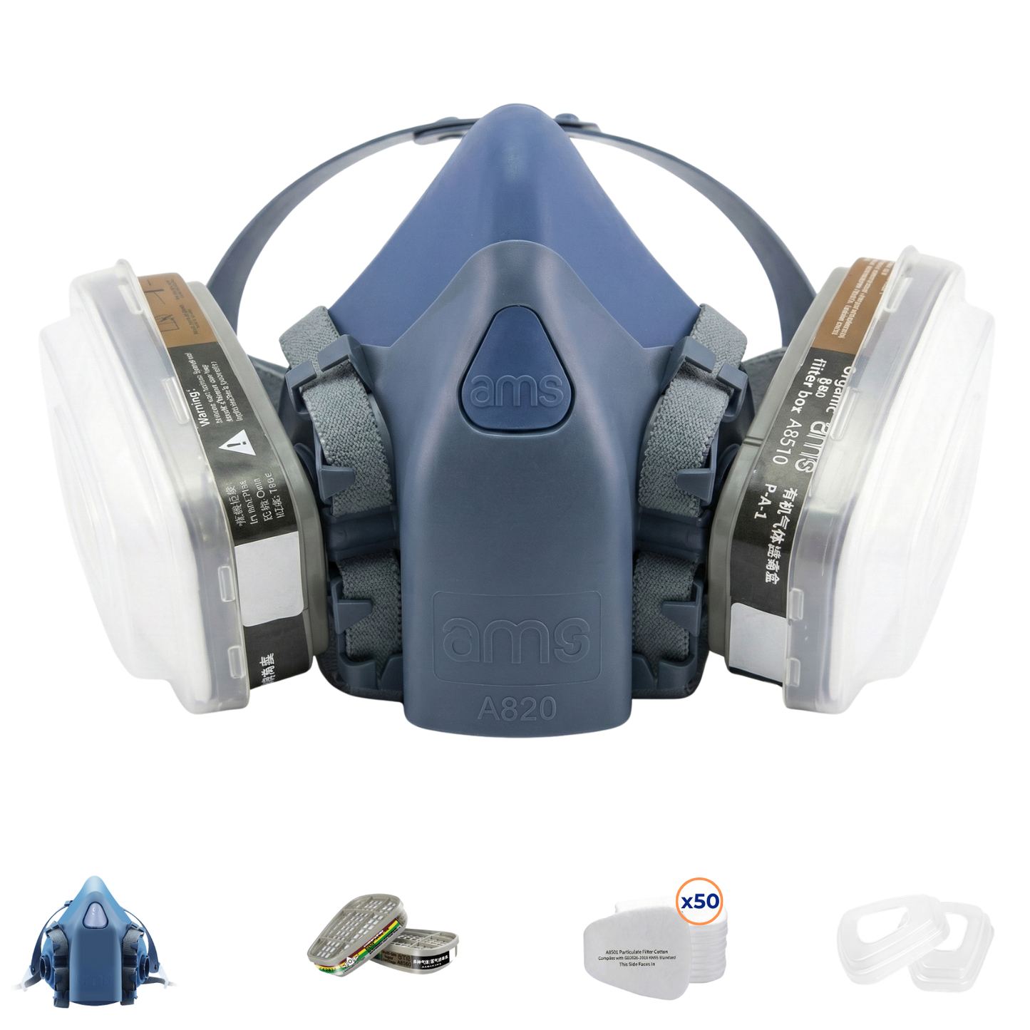 AMS A820 Liquid Silicone Half Face Respirator 15-Piece Kit for Auto Painting, Epoxy & Chemical Fumes