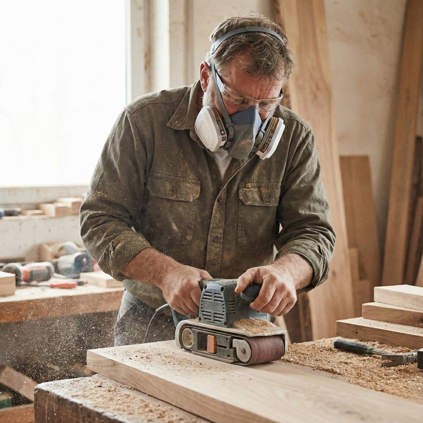 Woodworker wearing AMS A820 respirator mask for dust protection while sanding wood in a workshop.