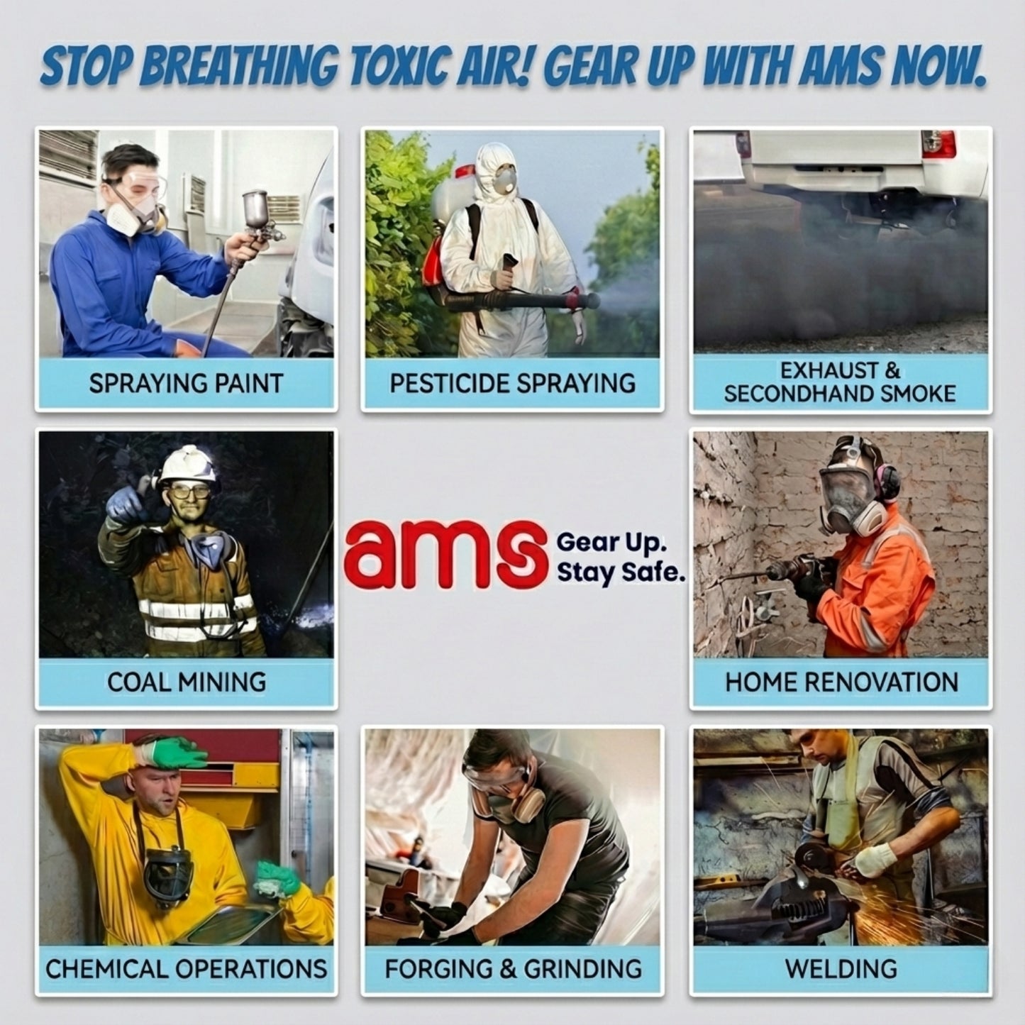 Industrial applications for AMS respirator masks including spray painting, pesticide spraying, coal mining, and welding