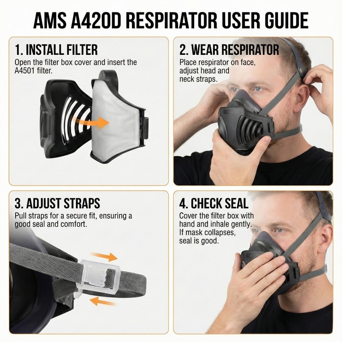 User guide instructions for AMS A420D respirator: installing filter, adjusting straps, and performing negative pressure seal check