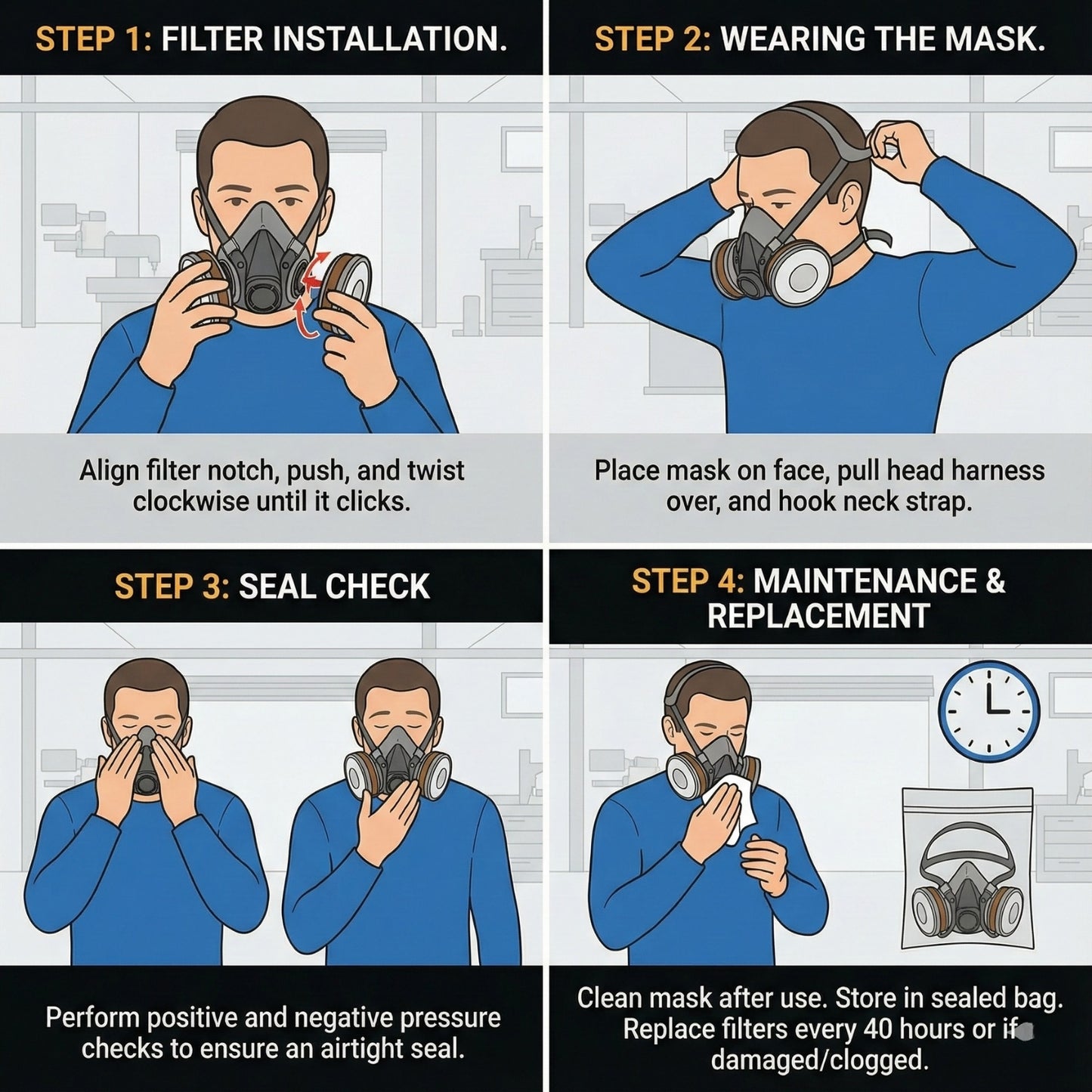 Infographic showing how to install filters wear the mask and check seal for AMS respirator