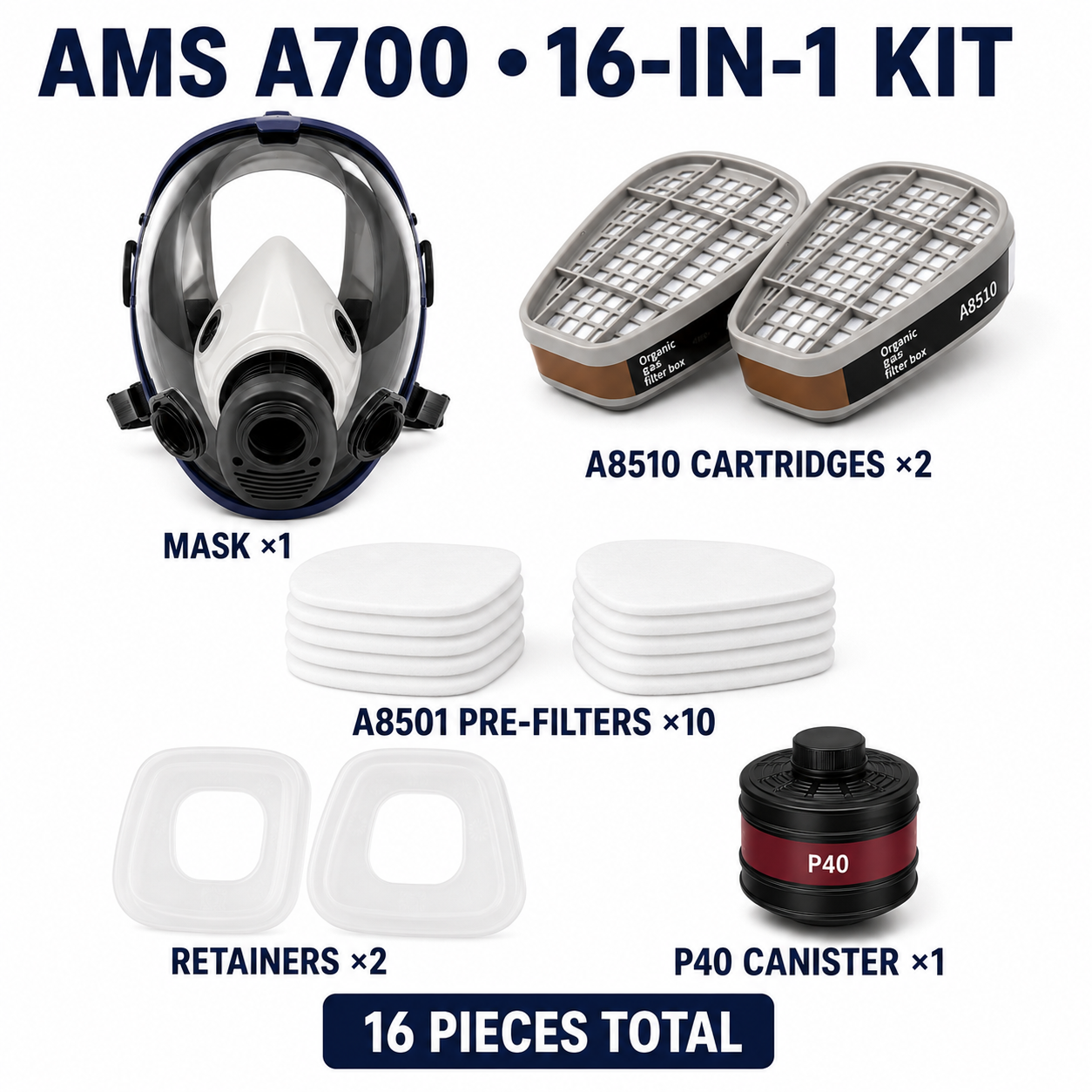 AMS A700 Reusable Full Face Respirator Mask Kit