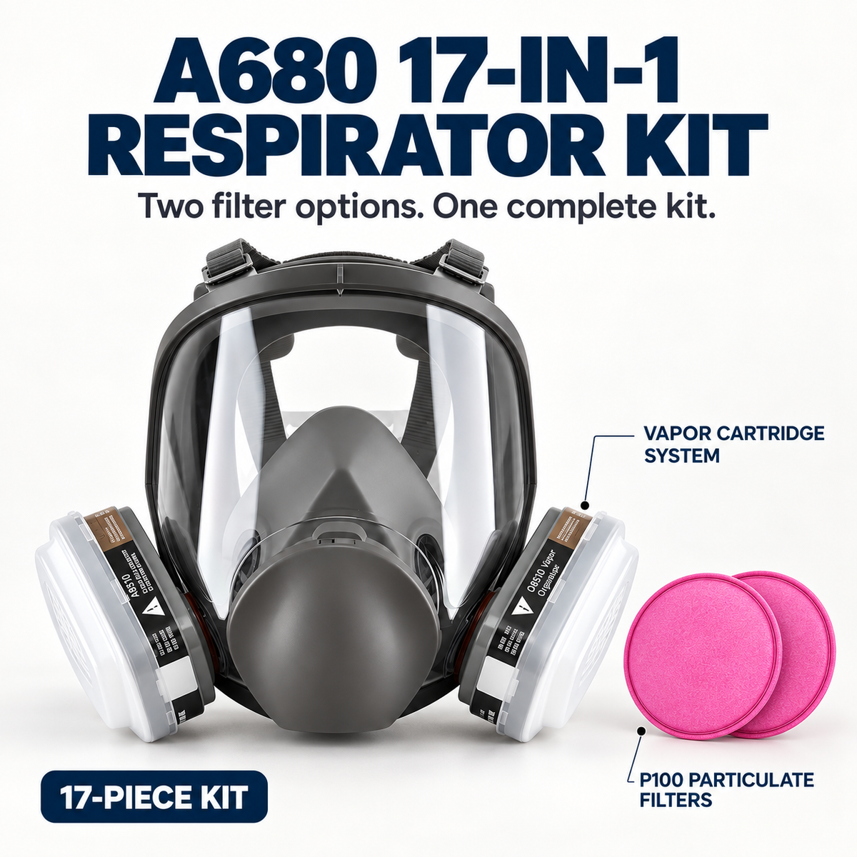 AMS A680 Full Face Respirator 17-Piece Kit for Painting, Epoxy, Sanding & Woodworking