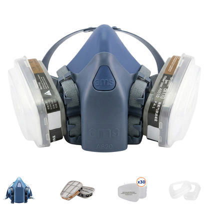 AMS A820 Liquid Silicone Half Face Respirator 15-Piece Kit for Auto Painting, Epoxy & Chemical Fumes