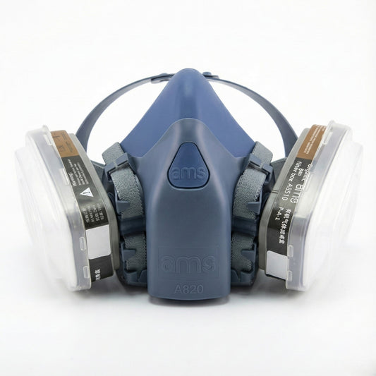 Front view of AMS A820 half face respirator made of grey liquid silicone with bayonet filter connections.