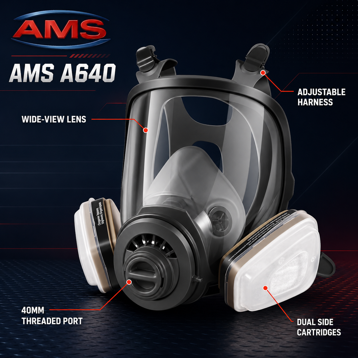 AMS A640 full-face respirator mask with clear wide-view lens, black adjustable harness, dual side cartridges, and a 40mm threaded port, shown on a dark blue graphic background with callout labels.