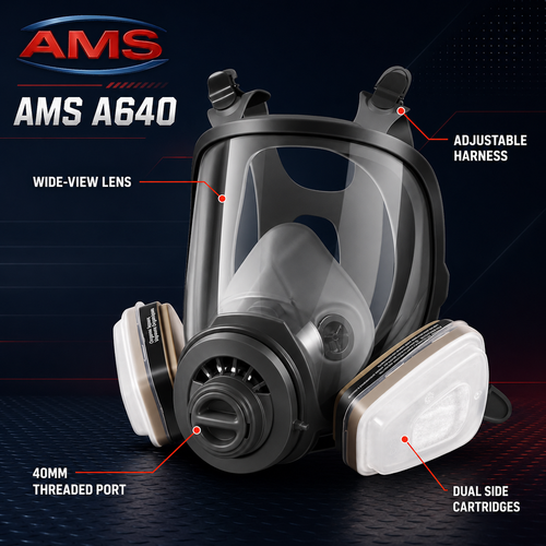 AMS A640 full-face respirator mask with clear wide-view lens, black adjustable harness, dual side cartridges, and a 40mm threaded port, shown on a dark blue graphic background with callout labels.