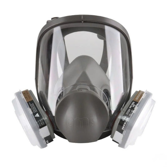 AMS A680 Professional Full Face Respirator Mask front view with dual chemical filter cartridges.