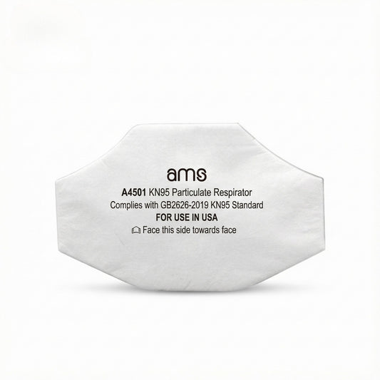 Close up of AMS A4501 KN95 Particulate Respirator Filter showing For Use in USA label and trapezoidal shape