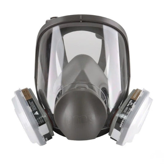 AMS A680 Professional Full Face Respirator Mask front view with dual chemical filter cartridges.