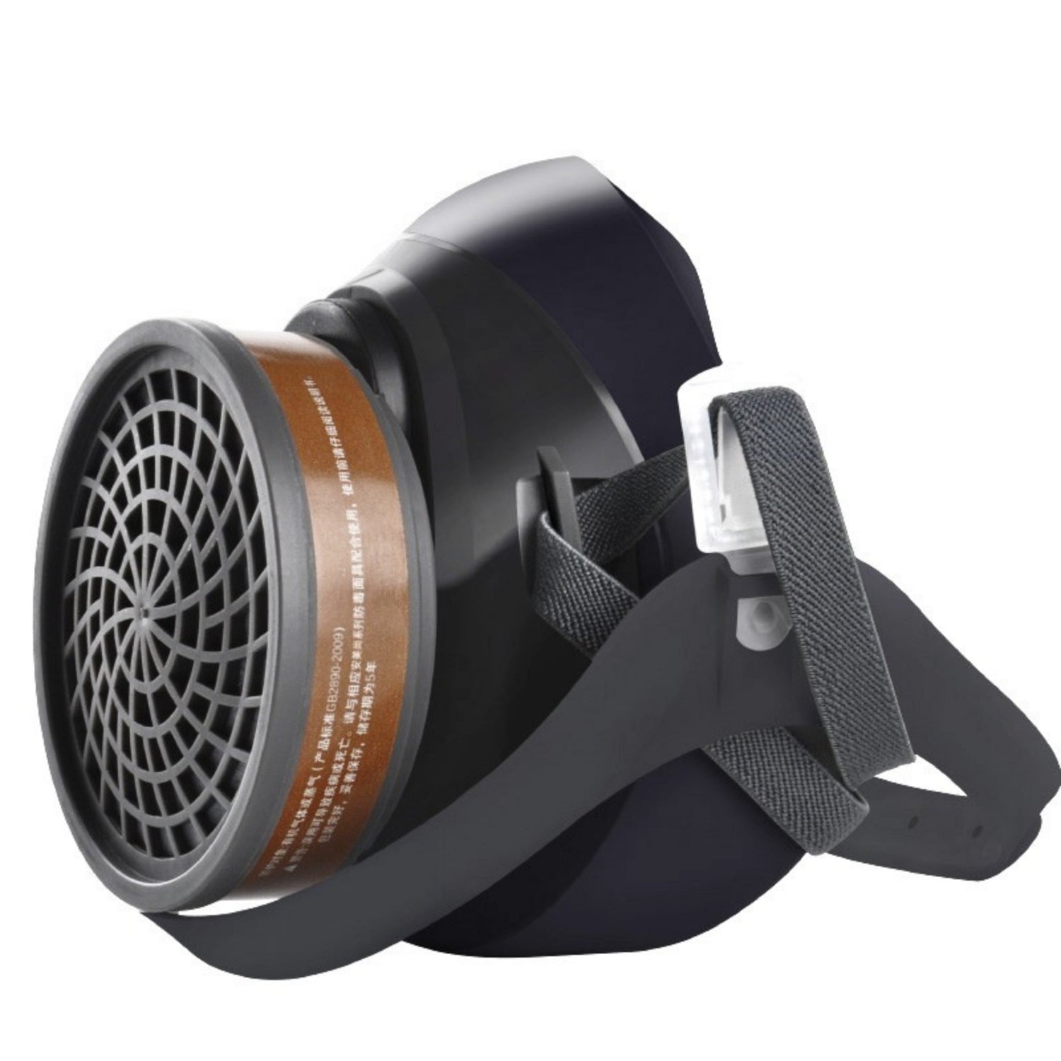 Side profile of AMS A420P silicone half face respirator showing brown organic vapor cartridge and adjustable head strap connection