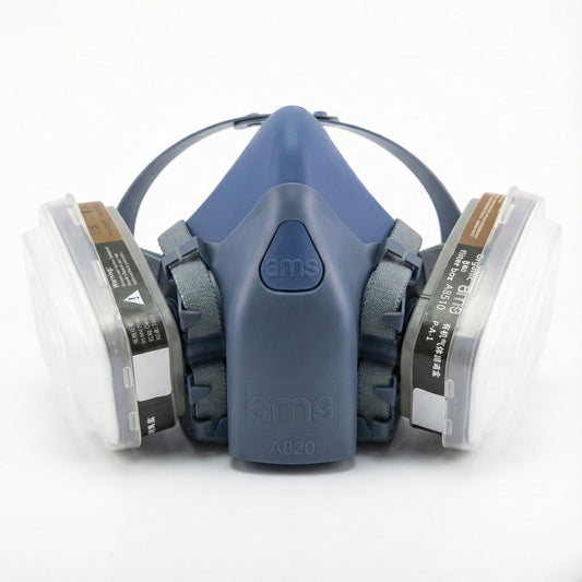 Front view of AMS A820 half face respirator made of grey liquid silicone with bayonet filter connections.