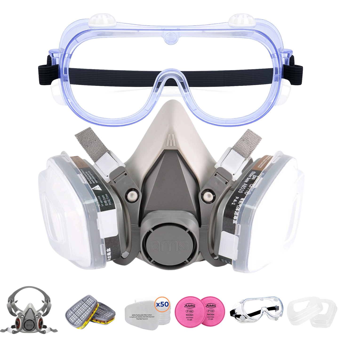 AMS A620 Half Face Respirator 18-Piece Set with Goggles & Ear Muffs for Paint Spraying, Sanding & Woodworking