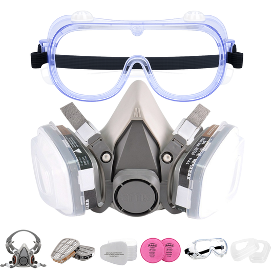 AMS A620 Half Face Respirator 18-Piece Set with Goggles & Ear Muffs for Paint Spraying, Sanding & Woodworking