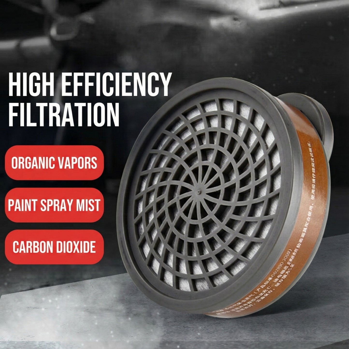 Close-up of AMS A4520 filter highlighted for high efficiency filtration of organic vapors, paint spray mist, and chemical fumes