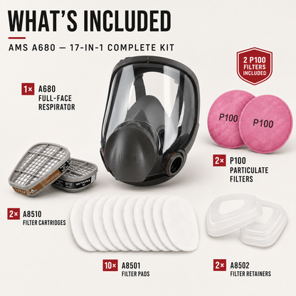 AMS A680 Full Face Respirator 17-Piece Kit for Painting, Epoxy, Sanding & Woodworking