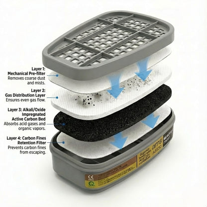 Internal structure of AMS A8560 filter with Alkali Oxide Impregnated Active Carbon Bed for ammonia neutralization