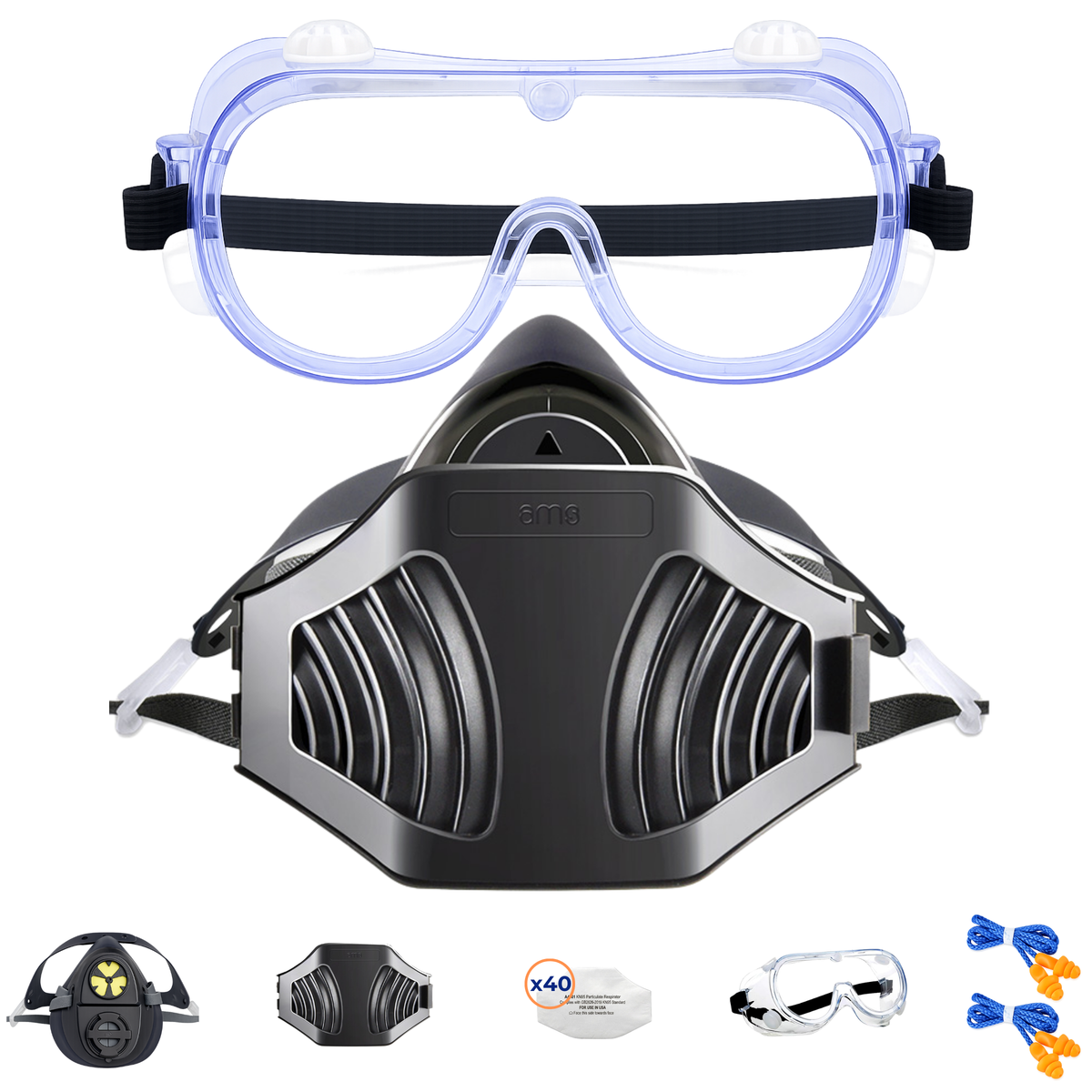 AMS A420D Silicone Respirator & Safety Goggles (15-Piece Woodworking Kit)