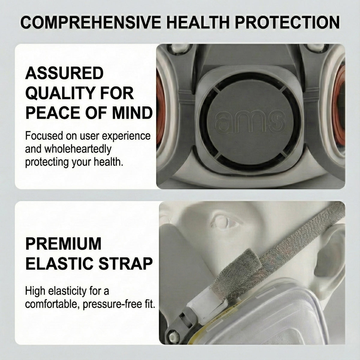 Detail of high-elasticity head strap and exhaust valve on the AMS A620 reusable respirator
