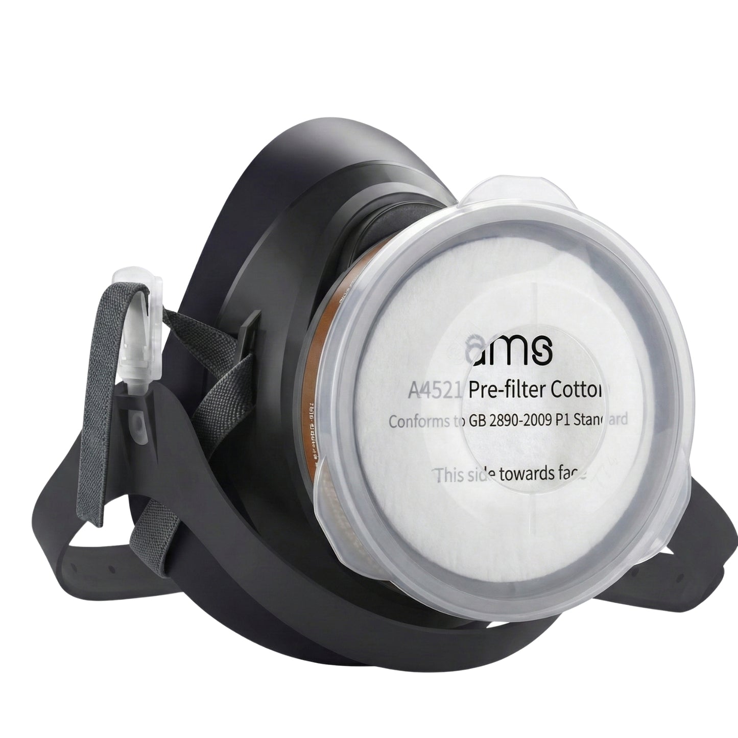 AMS A4521 pre-filter cotton installed on respirator mask using A8502 retainer cap for particulate protection