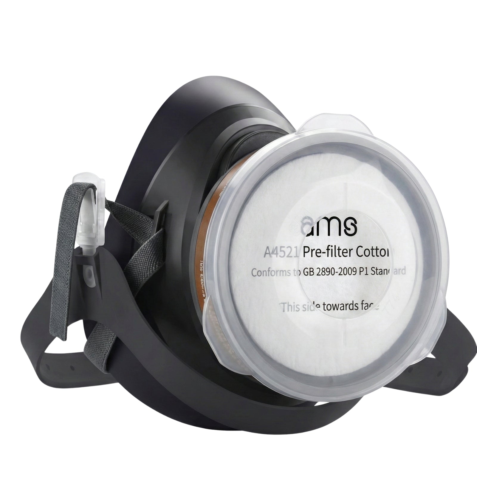AMS A4521 pre-filter cotton installed on respirator mask using A8502 retainer cap for particulate protection