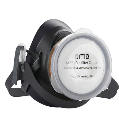 AMS A4521 pre-filter cotton installed on respirator mask using A8502 retainer cap for particulate protection