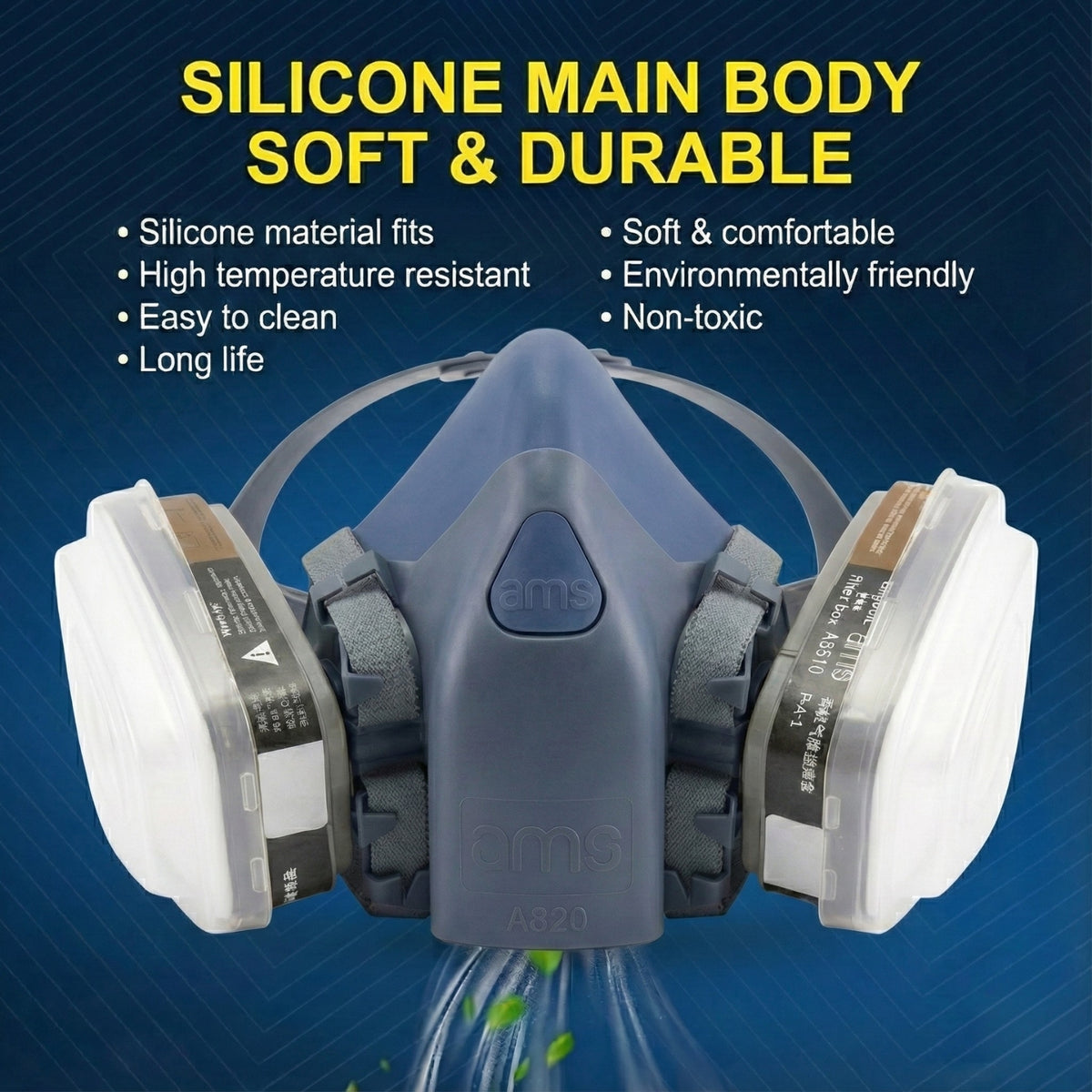 Close up of AMS A820 mask body showing soft, food-grade silicone material that is heat resistant and easy to clean.