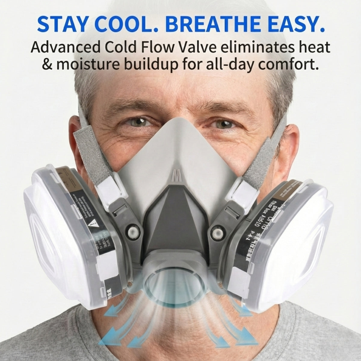 Man wearing AMS A620 Respirator featuring Cold Flow Valve technology to eliminate heat and moisture buildup