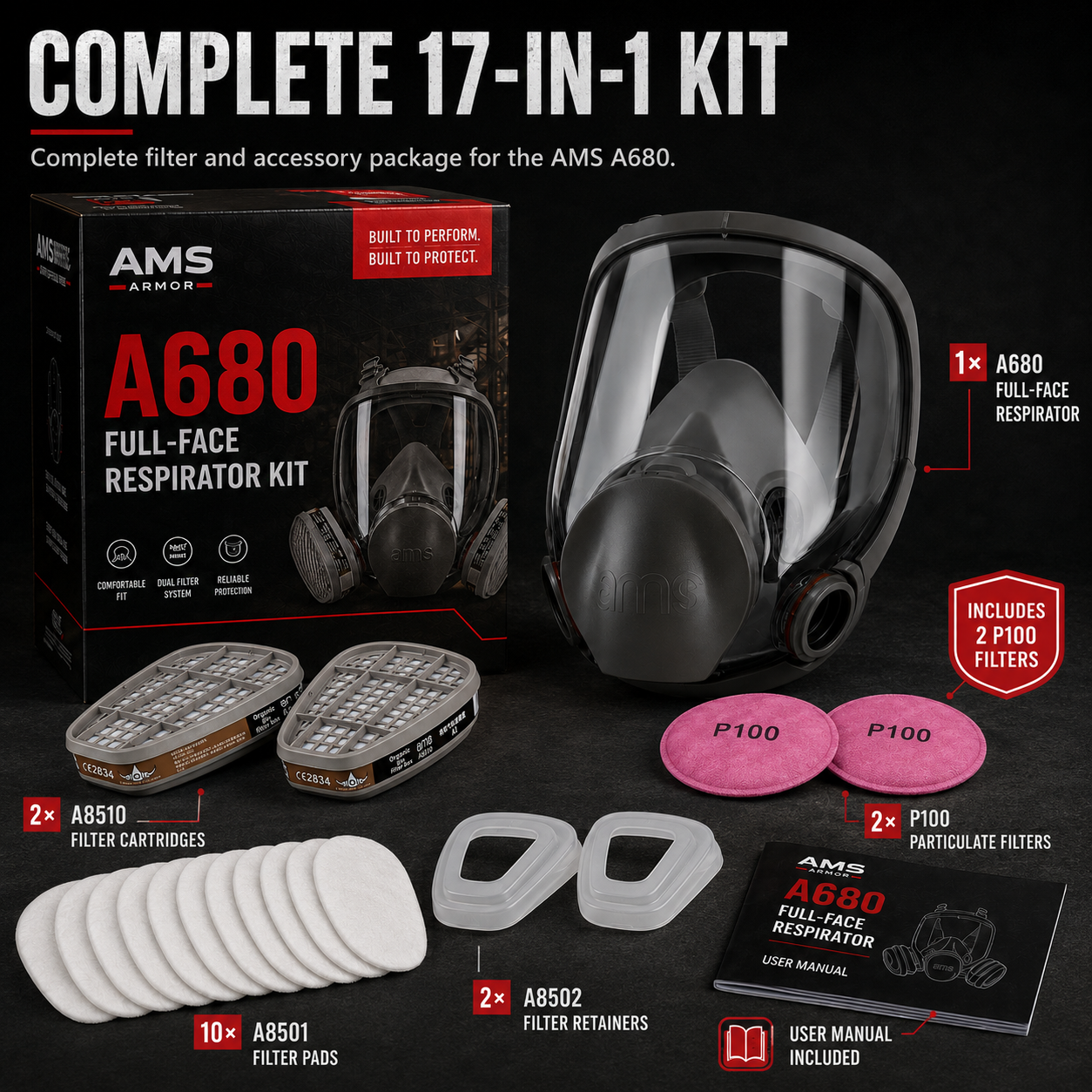 AMS A680 Full Face Respirator 17-Piece Kit for Painting, Epoxy, Sanding & Woodworking