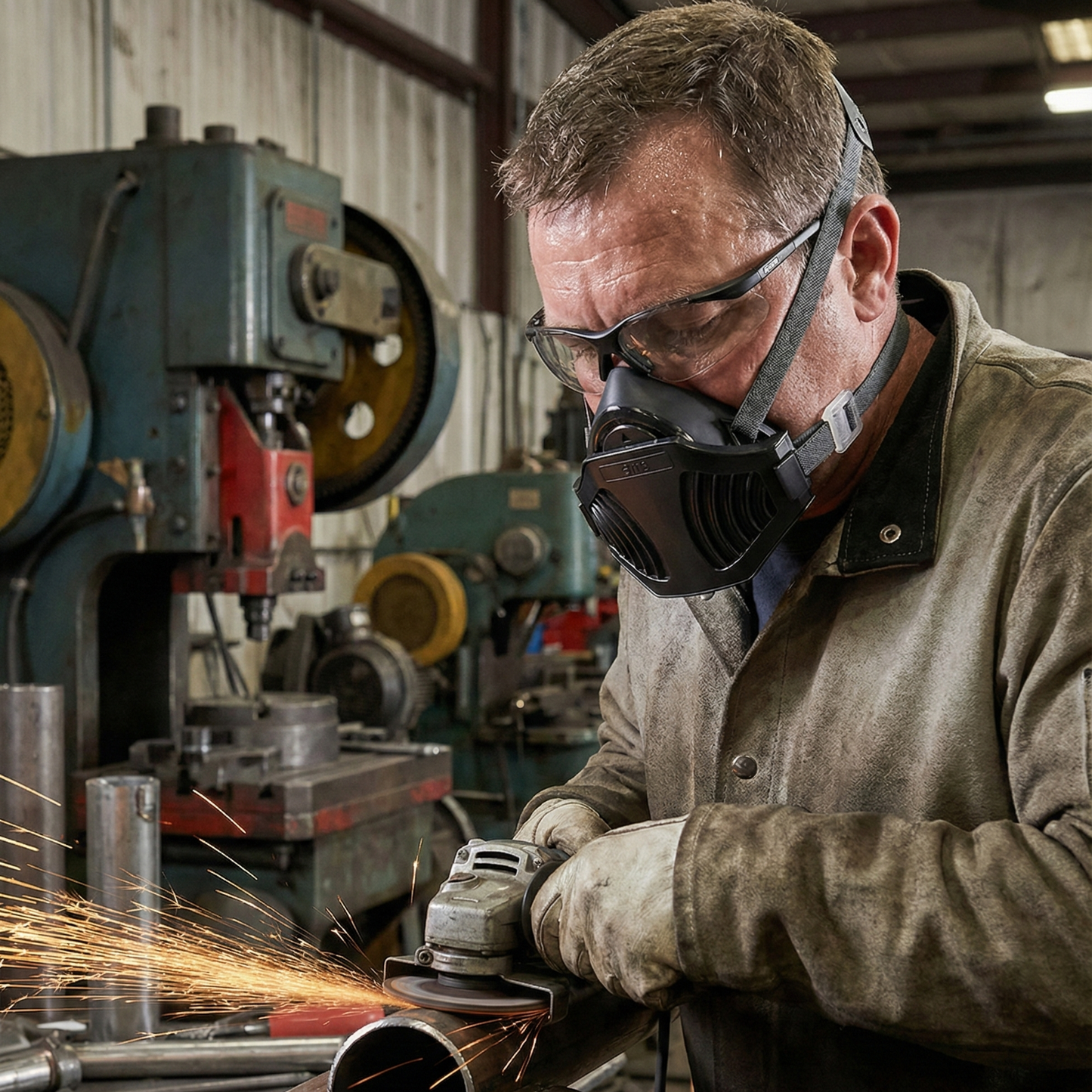 Worker wearing AMS A420D Respirator for Metal Grinding and Welding Safety Protection