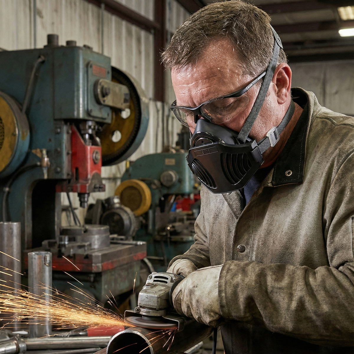Worker wearing AMS A420D Respirator for Metal Grinding and Welding Safety Protection