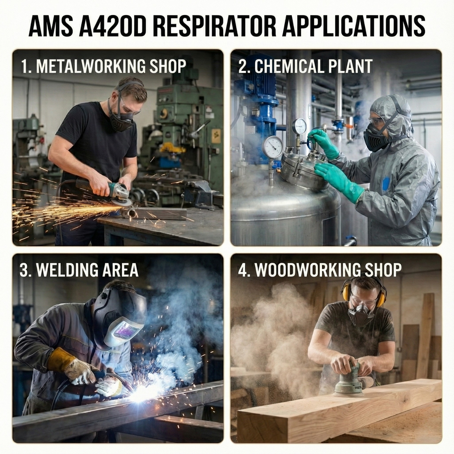 Industrial Applications for AMS A420D Mask: Metalworking, Chemical Plants, Welding, and Woodworking Shops