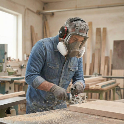 Woodworker using AMS respirator with A8501 pre-filters for sanding and dust protection