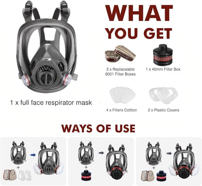 Gas Masks Survival Nuclear and Chemical,Full Face Respirator for Spray Paint,Chemical,Epoxy Resin,Grinding work.