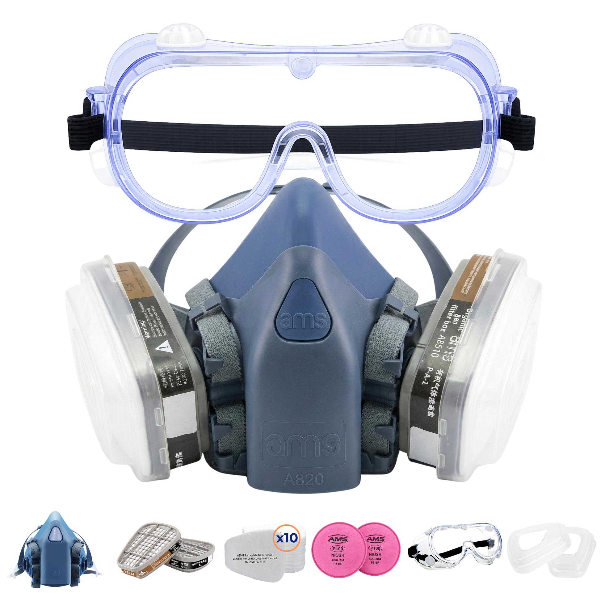 AMS A820 18-in-1 Half Face Respirator Kit