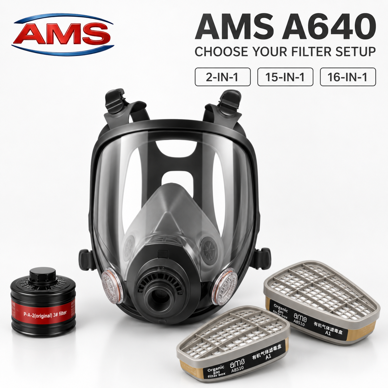 AMS A640 Full Face Respirator – 3 Filter Kit Options
