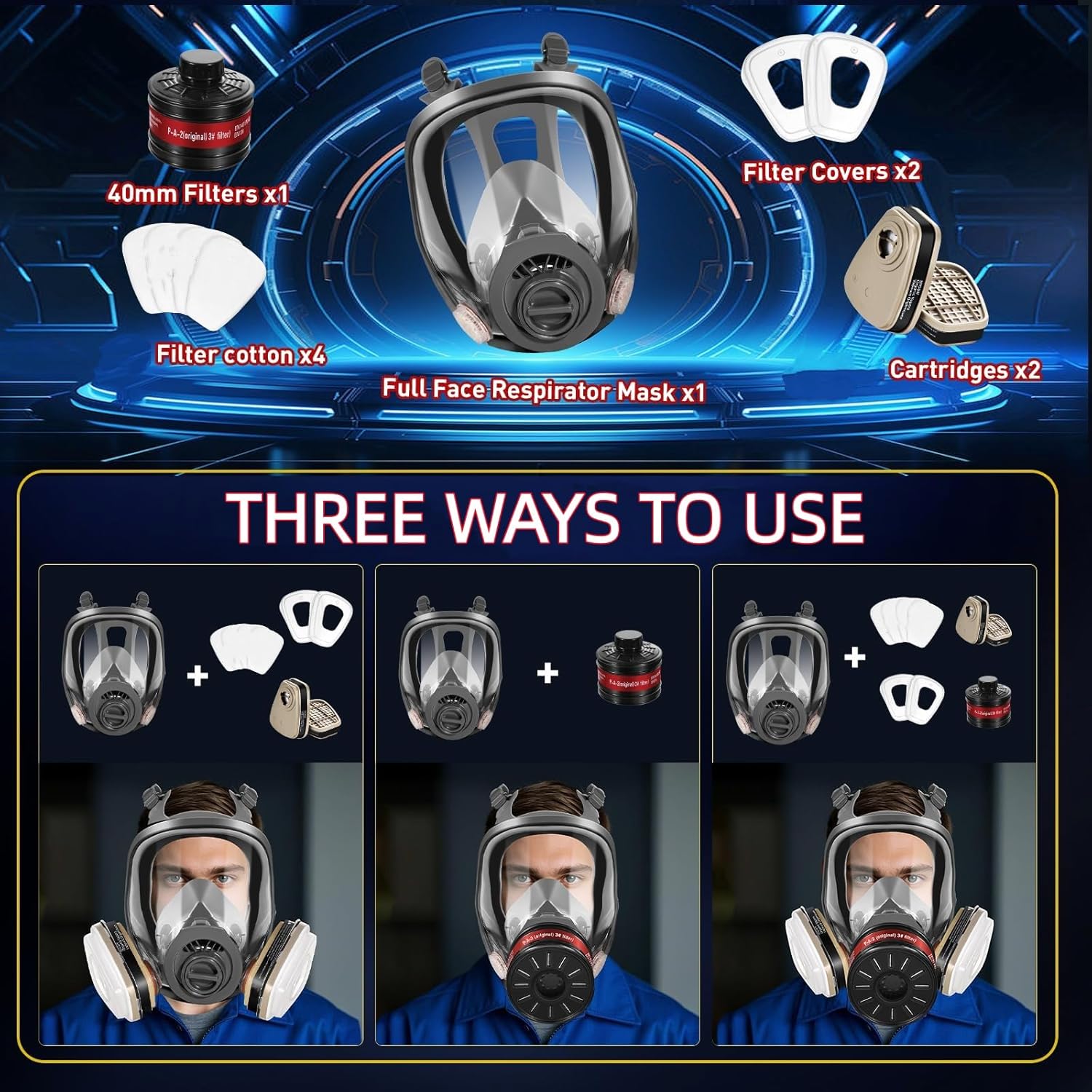 Weidahh Full Face Respirator Mask, Gas Masks Survival Nuclear and Chemical with 40mm Filters for Spray Paint,Industry,Sanding