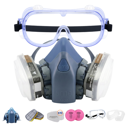AMS A820 Reusable Half Face Respirator Mask Kit with Anti-Fog Goggles & Earplugs for Auto Painting, Epoxy, Sanding & Woodworking Dust