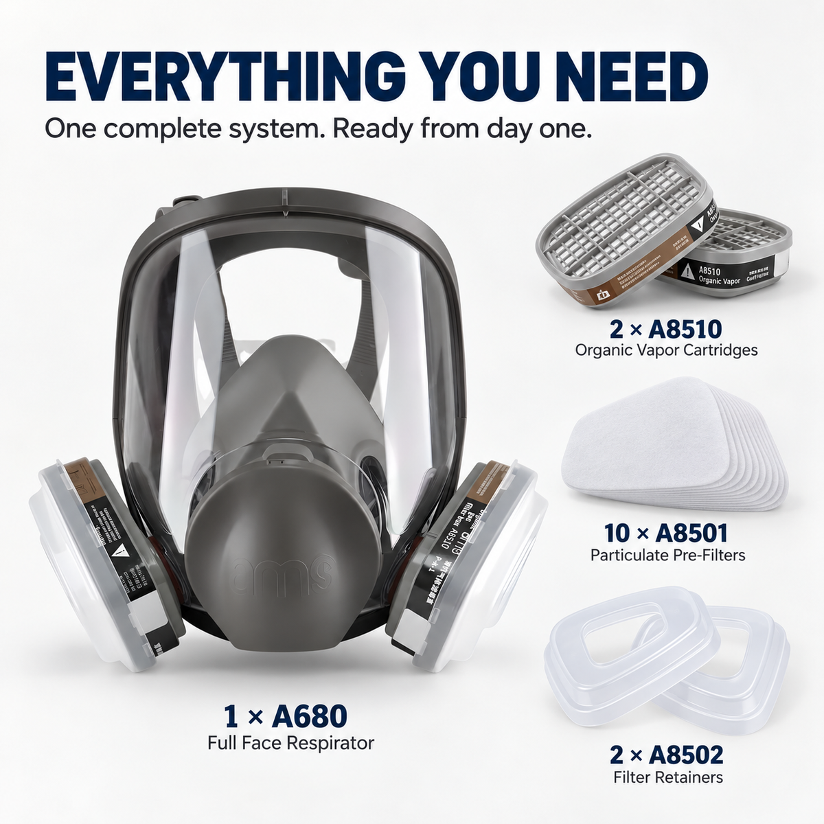 AMS A680 Full Face Respirator 15-Piece Kit for Painting, Epoxy, Sanding & Woodworking