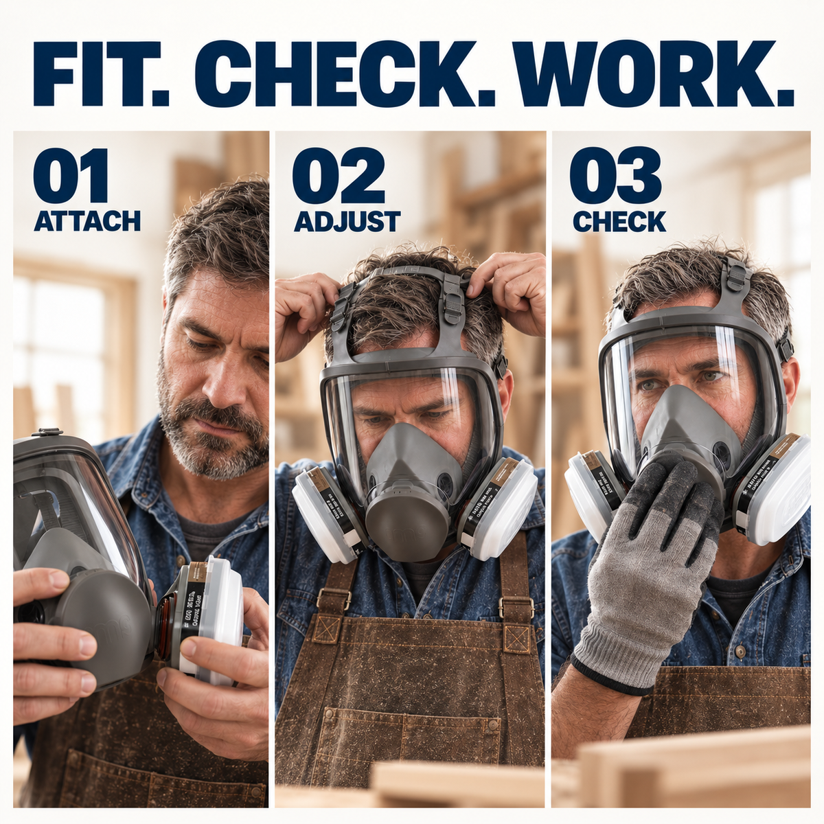 Three-panel instructional graphic showing a man wearing a respirator mask system in a workshop. Large text at the top reads “FIT.