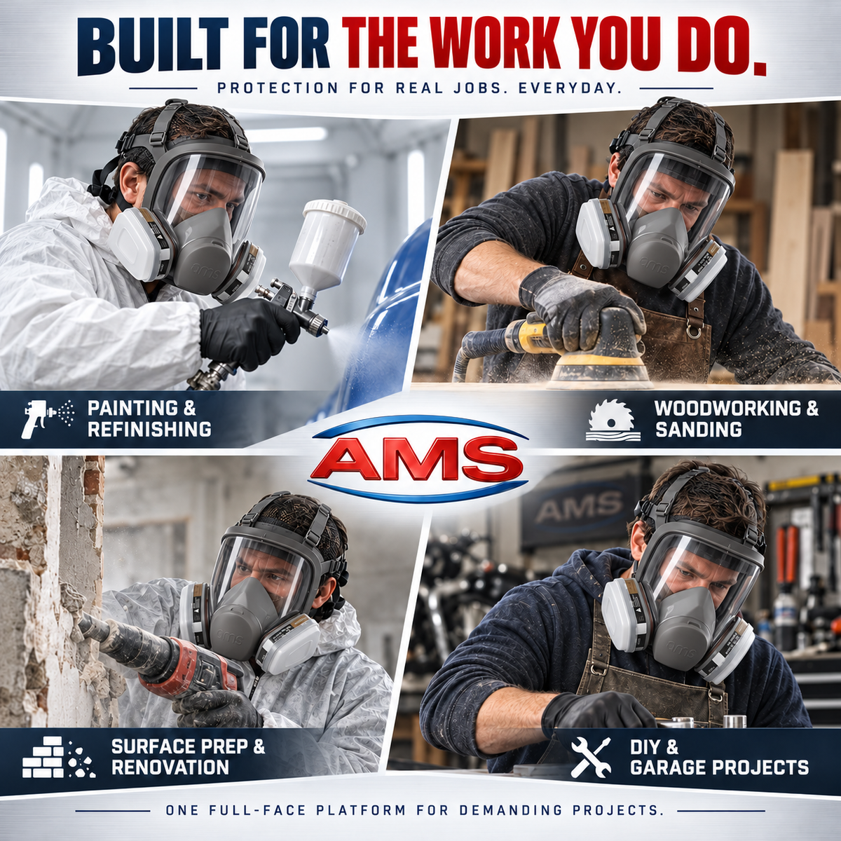 Promotional graphic for an AMS full-face work mask with a built-in air pump, shown in four lifestyle panels of workers using it for painting, woodworking, surface prep, and DIY projects.
