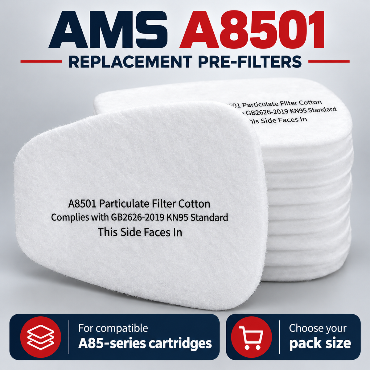 AMS A8501 replacement pre-filter pads; choose pack size; compatible A85-series cartridge system