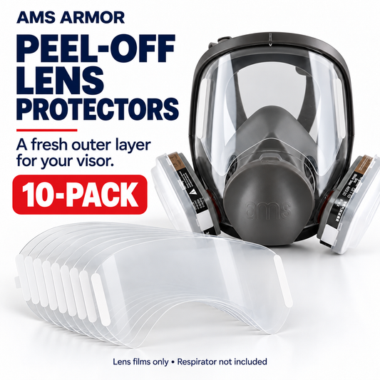 Ten clear thin lens protector films shown with an AMS A680 respirator for illustration; respirator not included