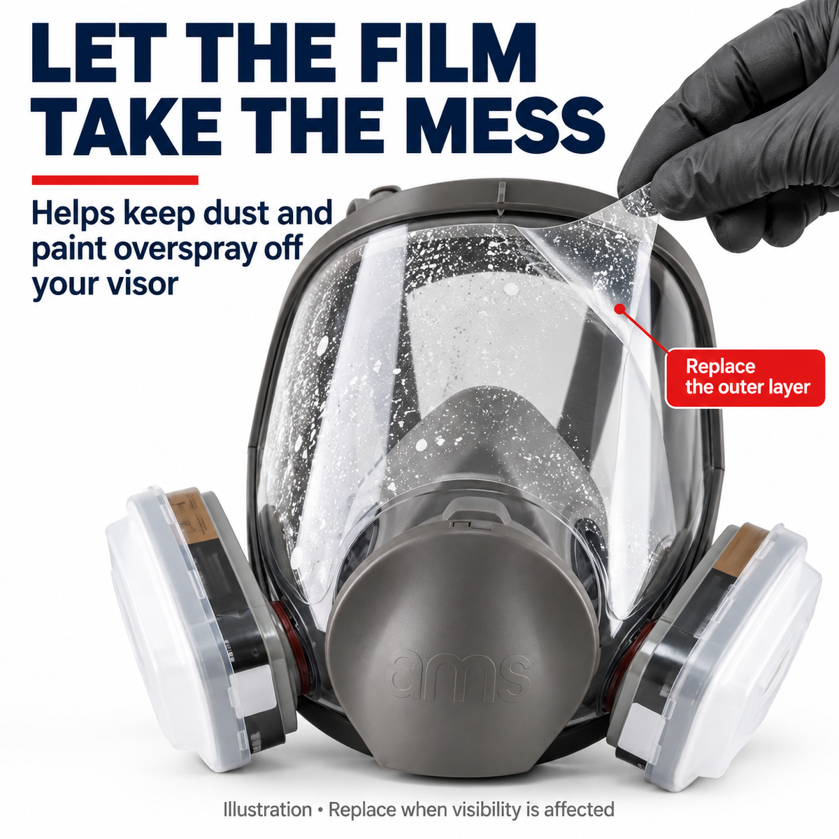 Replaceable lens film helps keep dust and paint overspray off the visor