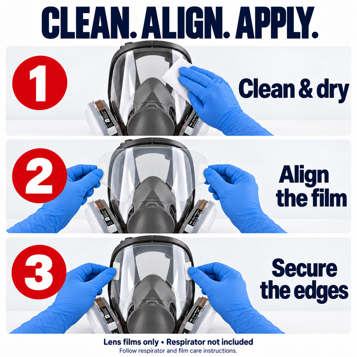 Three illustrated steps on the exterior A680 visor: clean and dry, align the thin film, then secure side tabs