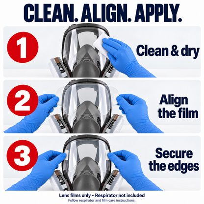 Three illustrated steps on the exterior A680 visor: clean and dry, align the thin film, then secure side tabs