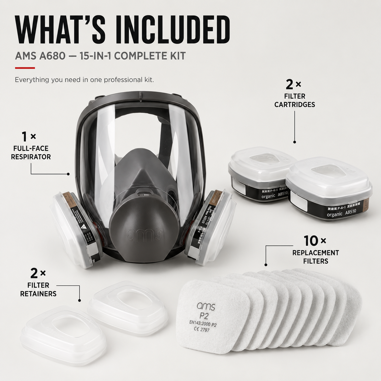 AMS A680 Full Face Respirator 15-Piece Kit for Painting, Epoxy, Sanding & Woodworking