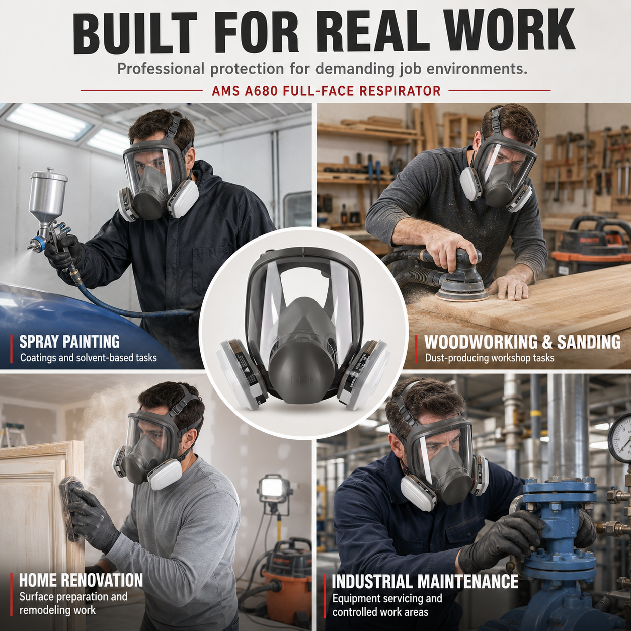 AMS A680 Full Face Respirator 15-Piece Kit for Painting, Epoxy, Sanding & Woodworking
